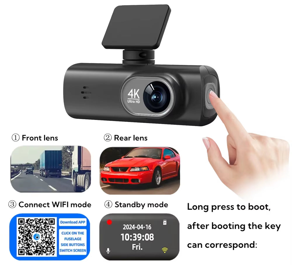 UHD 4K Dash Cam Dual Lens Driving Recorder Car DVR 1080P Rear Lens Camera Built-In Wifi GPS 24-Hour Parking Monitoring Black Box