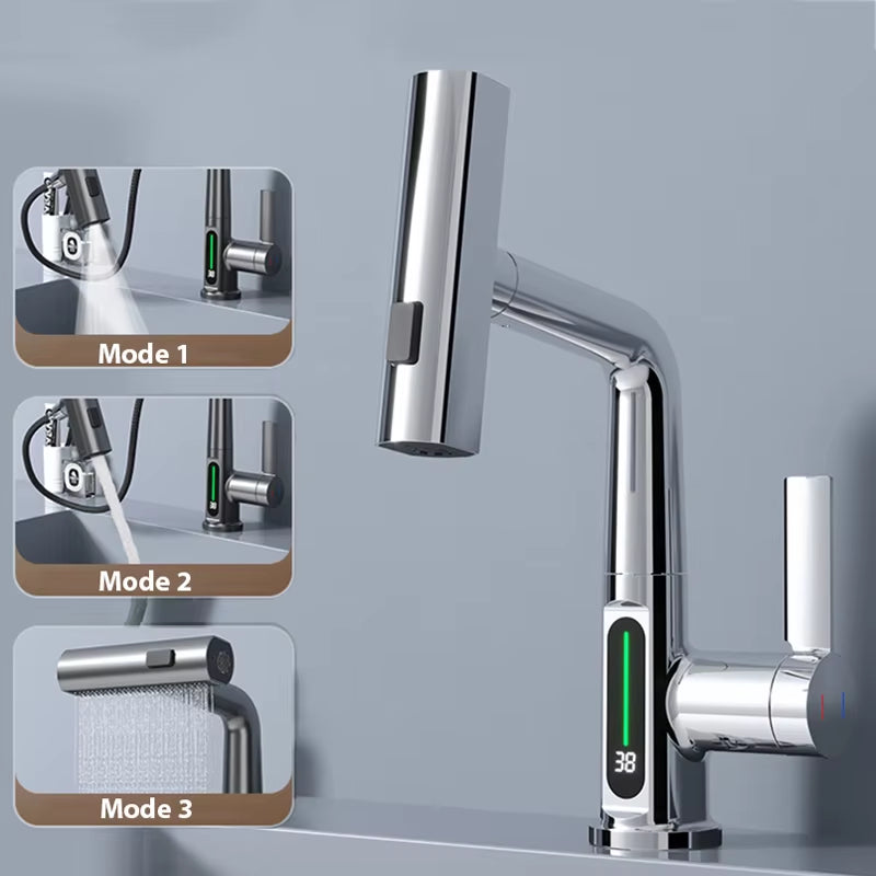 Waterfall Temperature Digital Display Basin Faucet Lift up down Stream Sprayer Hot Cold Water Sink Mixer Wash Tap for Bathroom