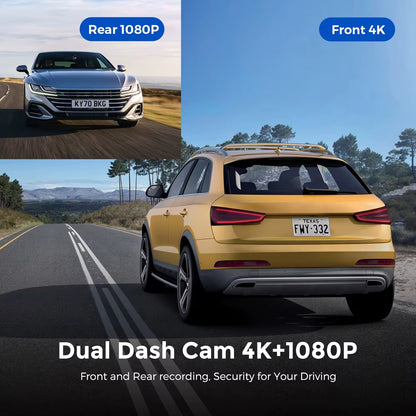 UHD 4K Dash Cam Dual Lens Driving Recorder Car DVR 1080P Rear Lens Camera Built-In Wifi GPS 24-Hour Parking Monitoring Black Box