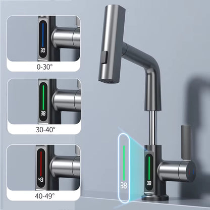 Waterfall Temperature Digital Display Basin Faucet Lift up down Stream Sprayer Hot Cold Water Sink Mixer Wash Tap for Bathroom